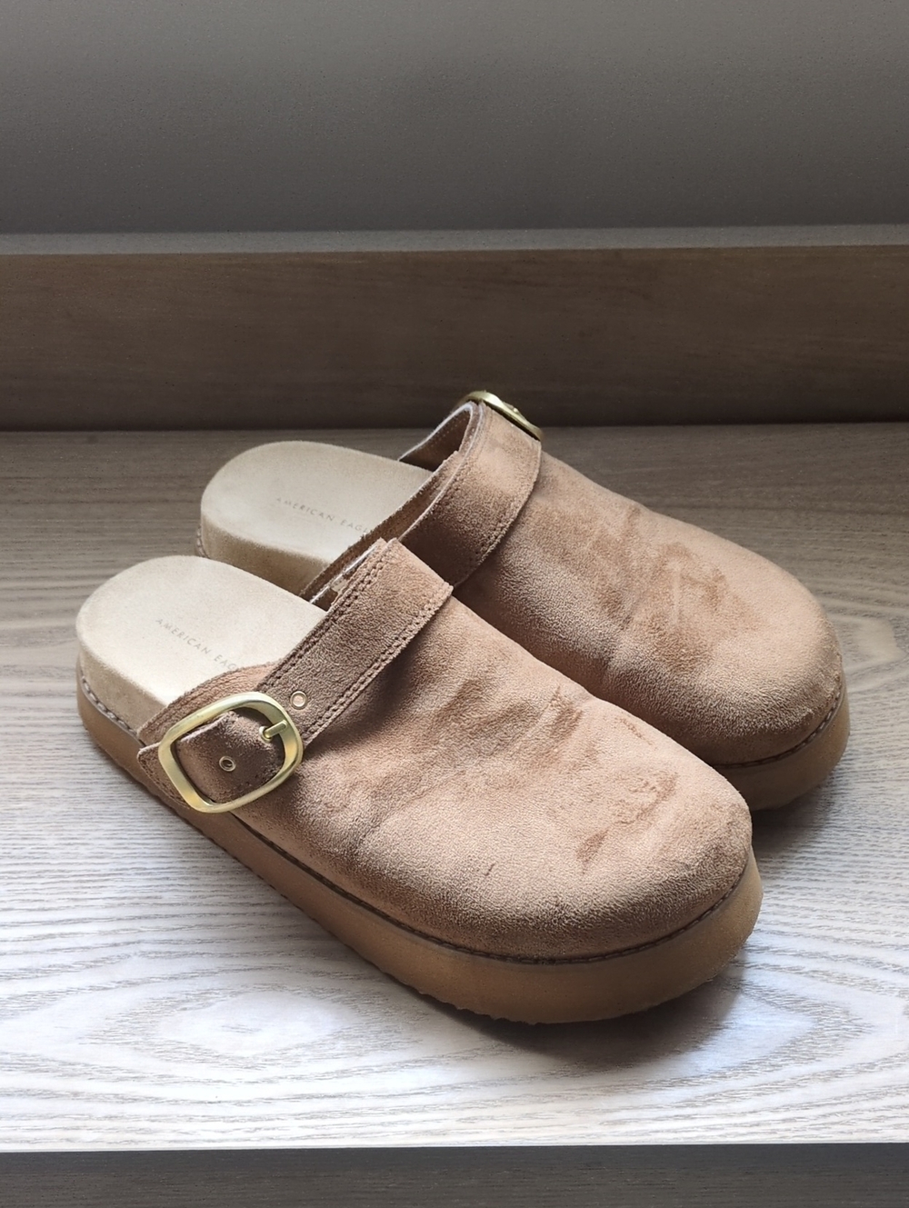American Eagle Outfitters Suede Platform Mule Clog - Tan with Gold Buckle